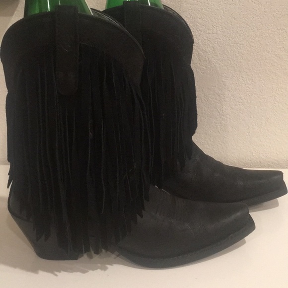 black fringe western boots